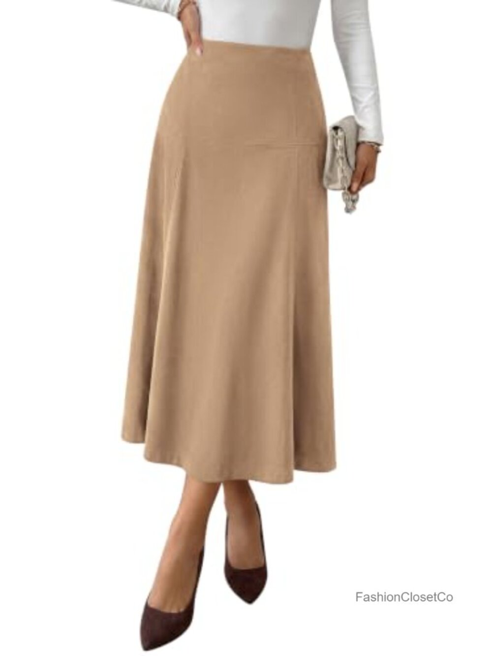 High Waist Faux Suede A-Line Midi Skirt